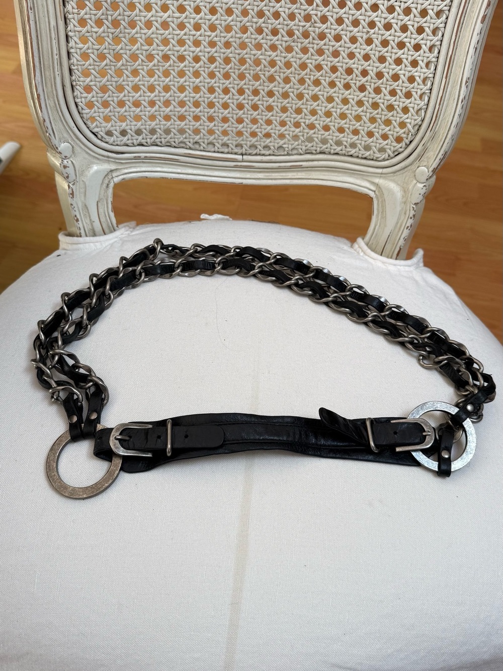 Sarah Pacini Black Leather Chain Belt with Metal Rings